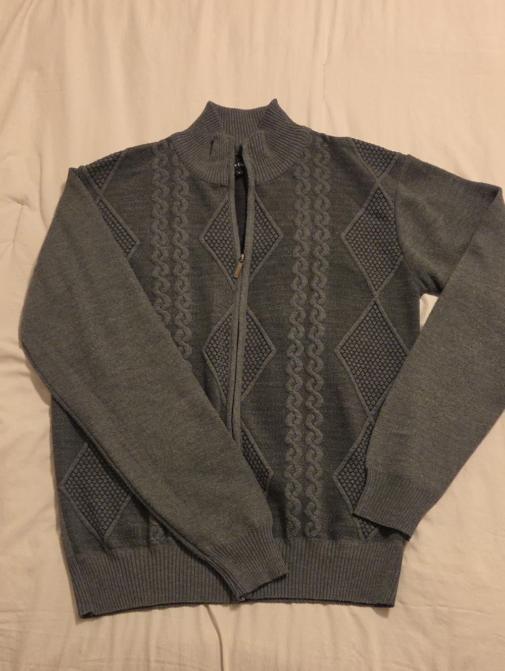 Alberto Cardinali Men's Large Grey Full-Zip Textured Knit Grandpa Cardigan